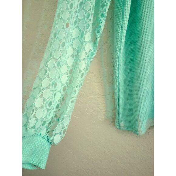 TOP-MIHOLL-Waffle Material-Lace Sleeves-Long Sleeves-Mint Green-Size Large - Picture 2 of 16